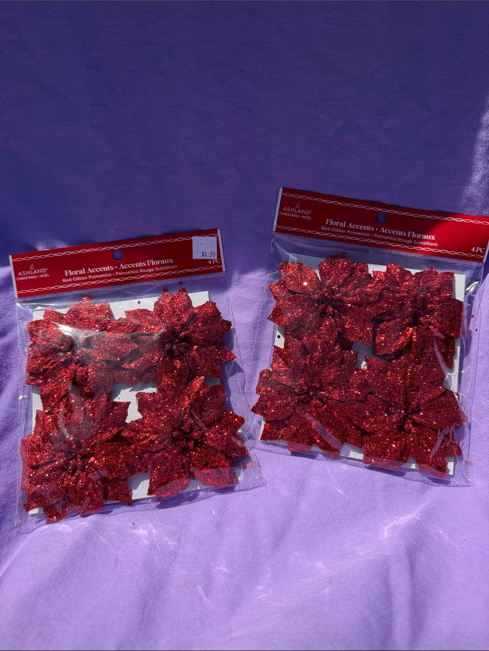 5 for $10 💜 Ashland Red Glitter Poinsettia Floral Accents